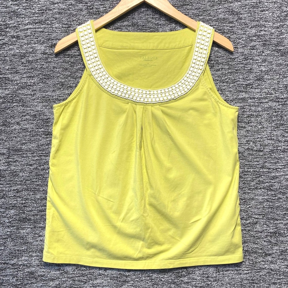 Talbots Scoop Neck Embellished Tank Top Women M Citron Yellow Green Classic